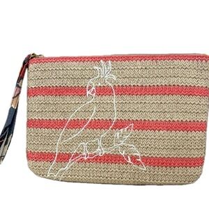 Vera Bradley, Straw Clutch with coral Stripes embroidered parrot
